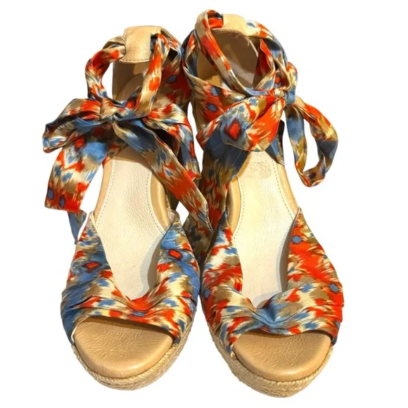 UGG Australia wedges Luciana espadrille orange blue silk ankle wrap heels size 8 - Picture 2 of 12